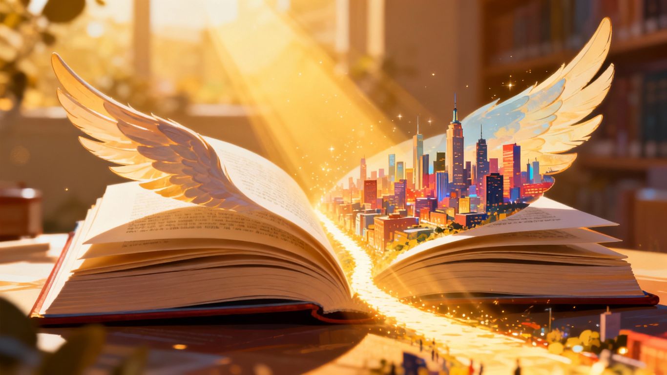 Business books transforming into a city skyline.