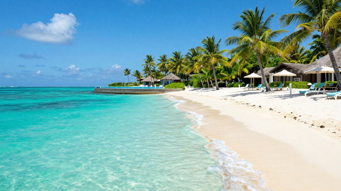 Tropical beach with clear water and luxury resort.