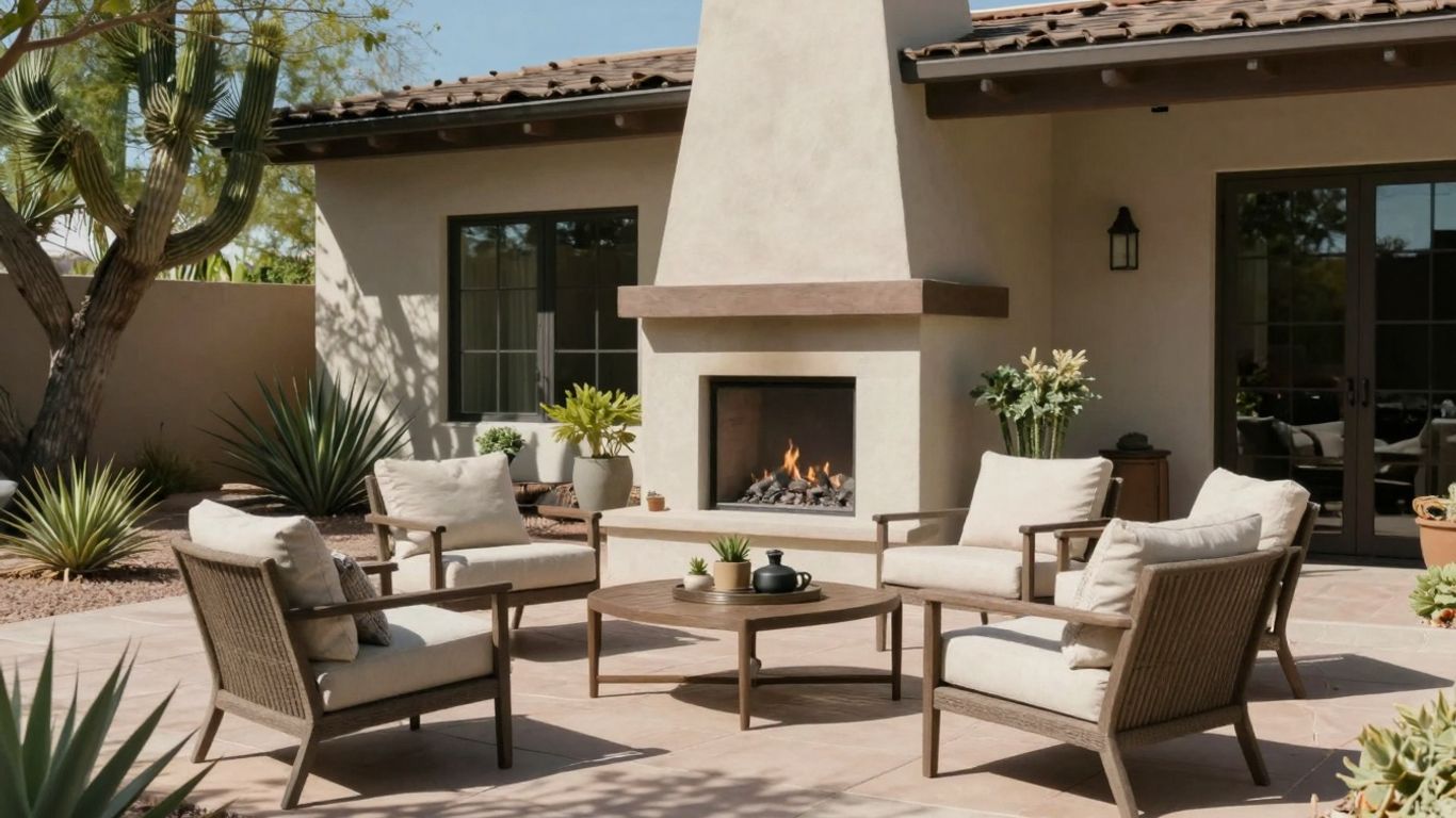 Tucson home patio with desert plants and fireplace.