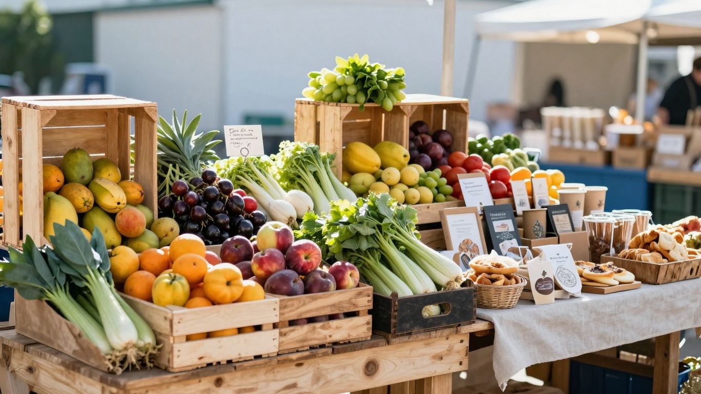 A well-stocked market stall with fresh produce and crafts.