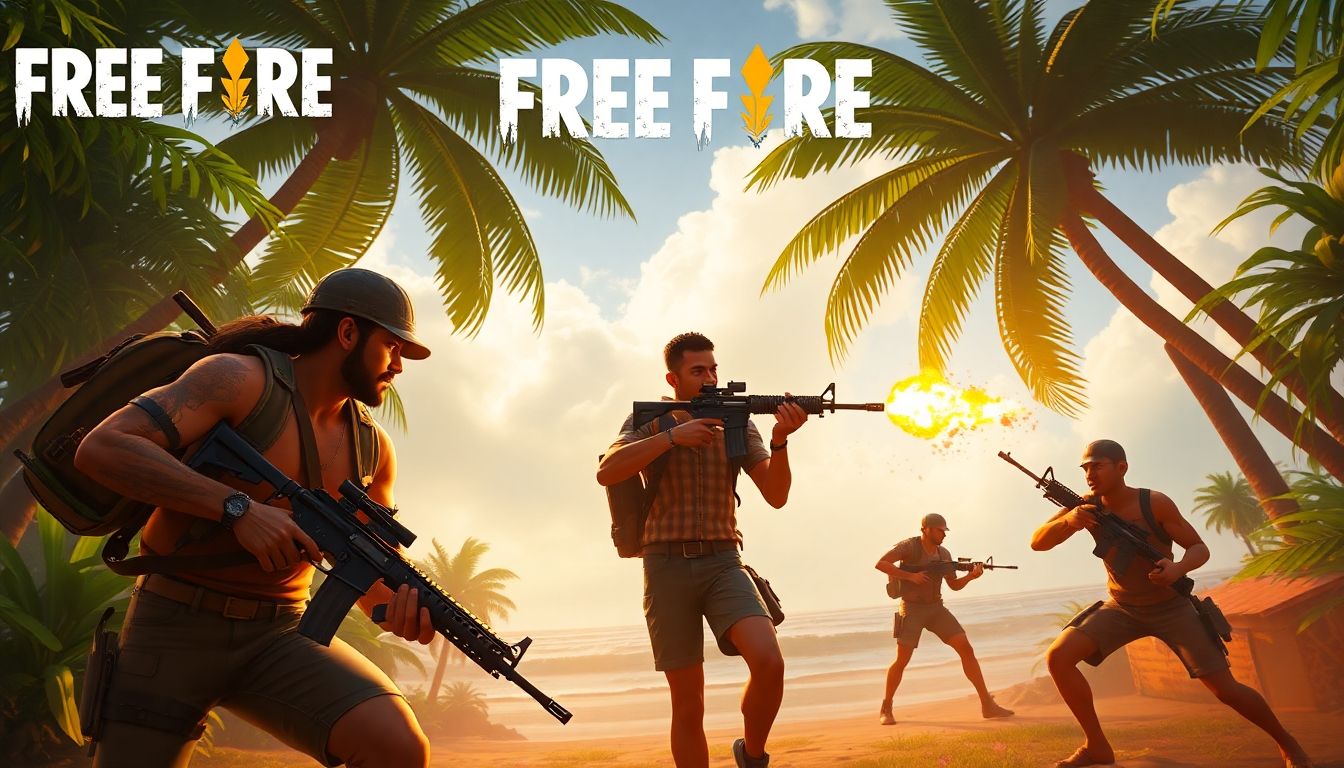 Jogadores de Free Fire em uma partida emocionante, cenário tropical e armas em destaque