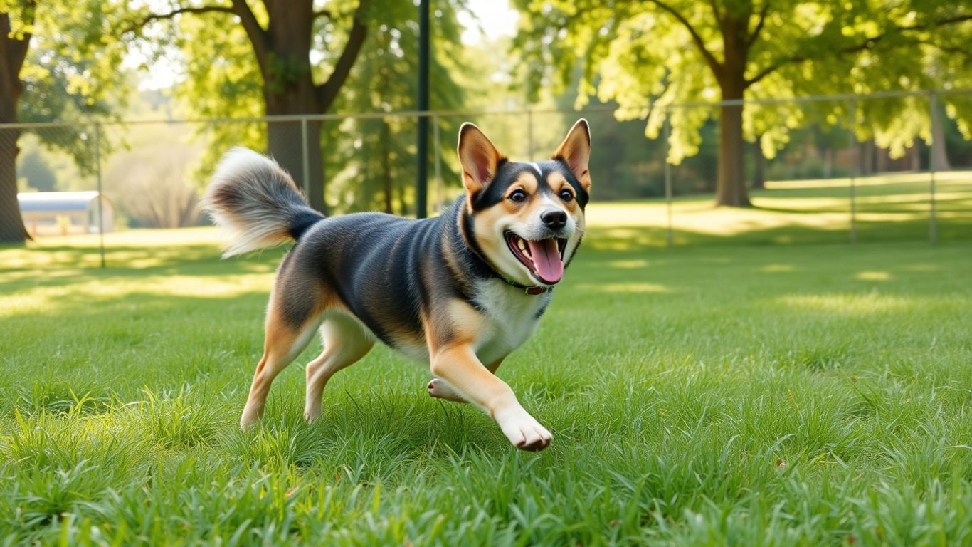 Dog playing in a secure, fenced field.