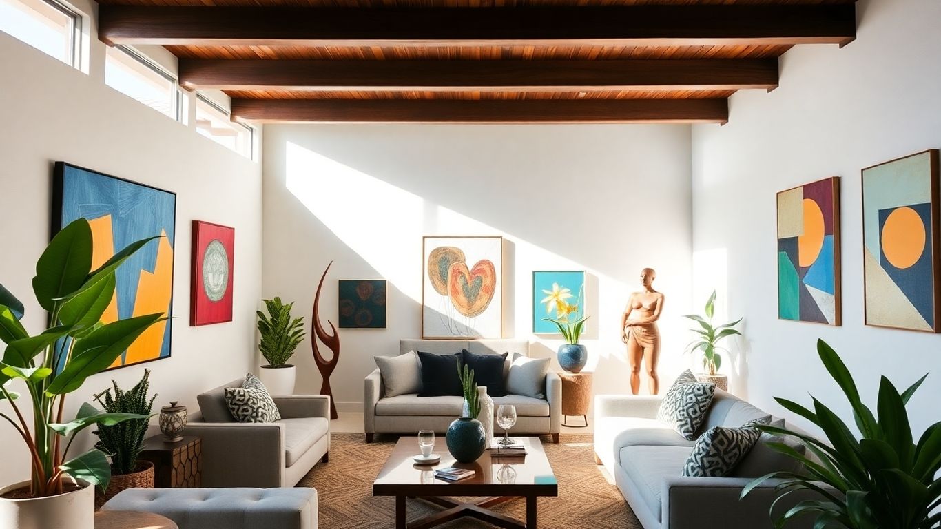 Palm Springs home art exhibition with modern paintings and sculptures.