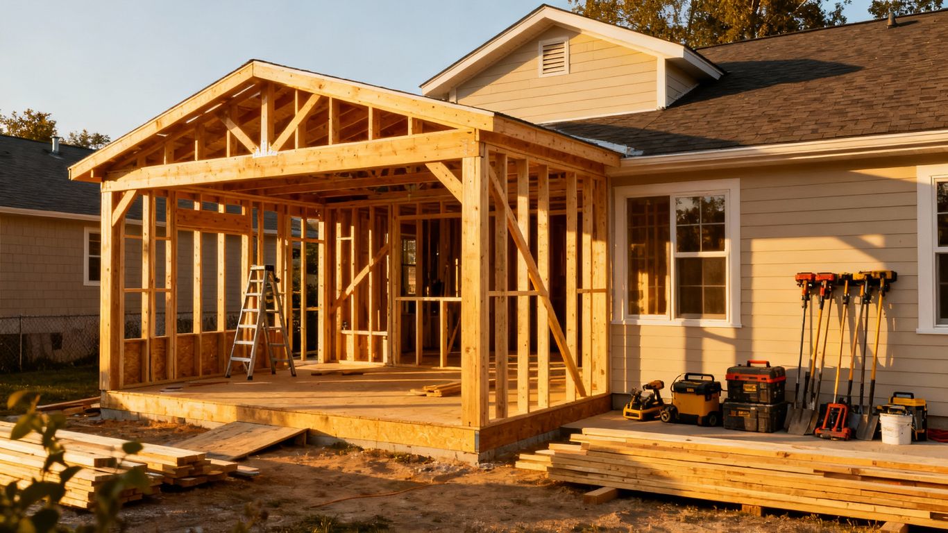 Home addition construction with exposed framing and materials.