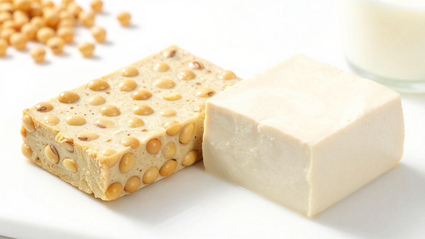 Tempeh und Tofu nebeneinander, Vergleich von Lebensmitteln.