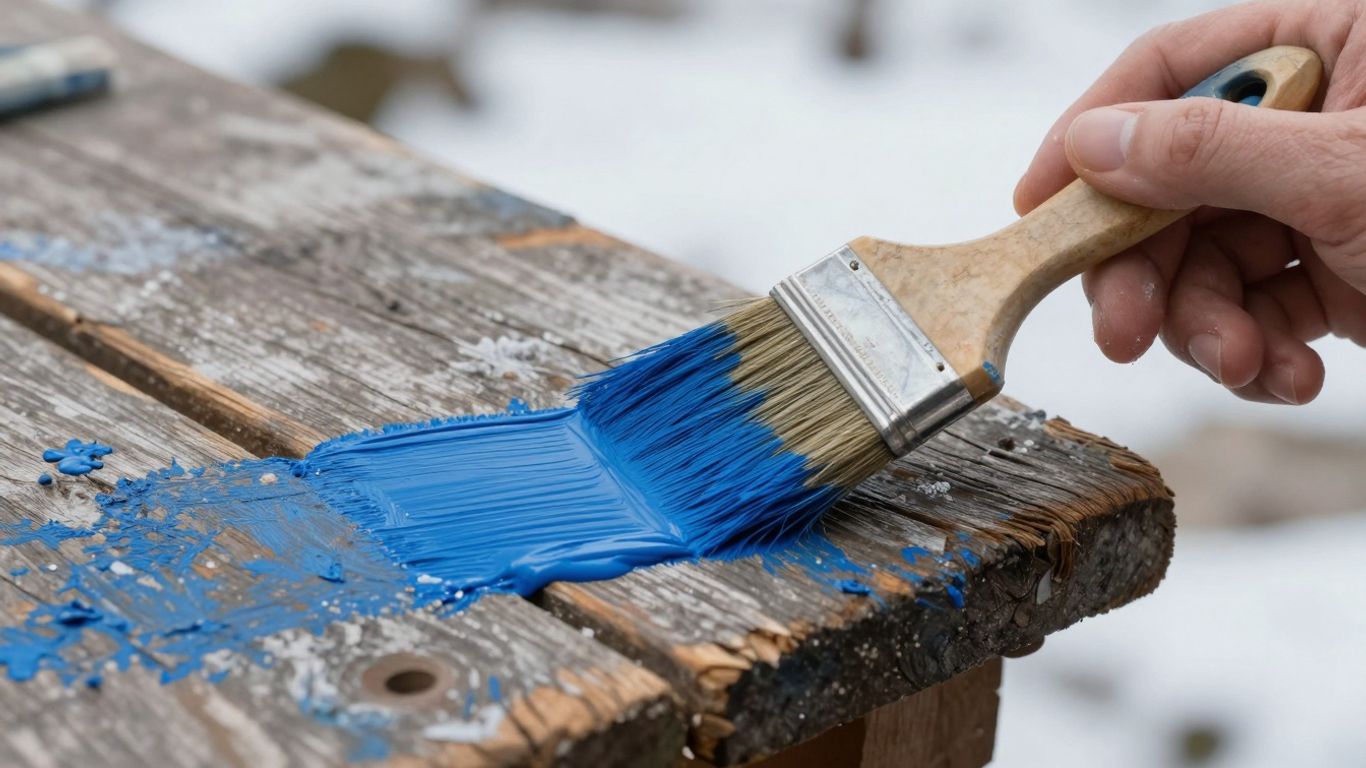 Painter applying protective blue paint to wood.