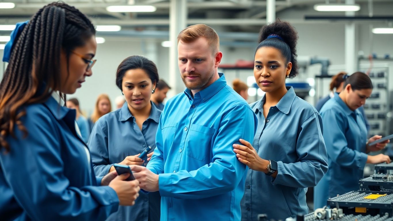 Fertigungsarbeiter in moderner Fabrik mit blauen Akzenten.