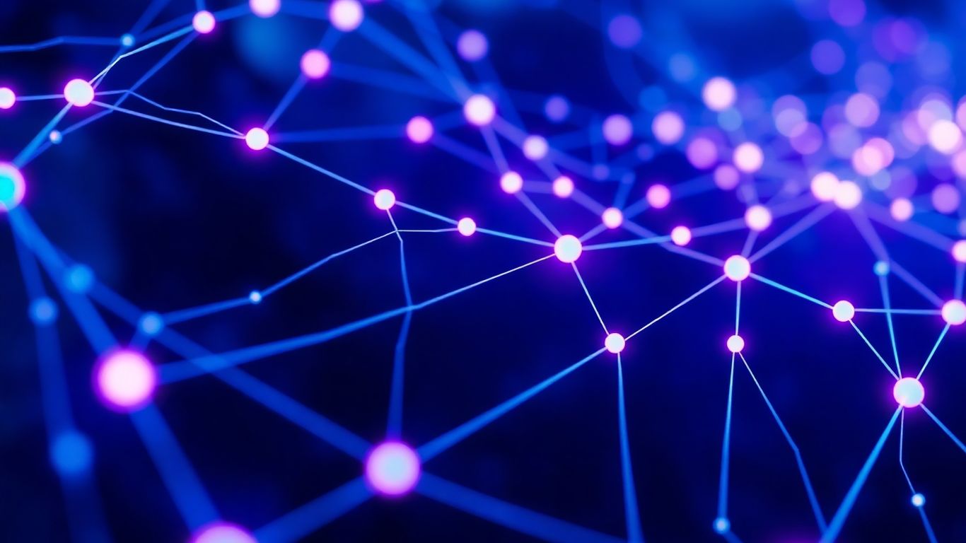 Digital network with glowing nodes and data streams.