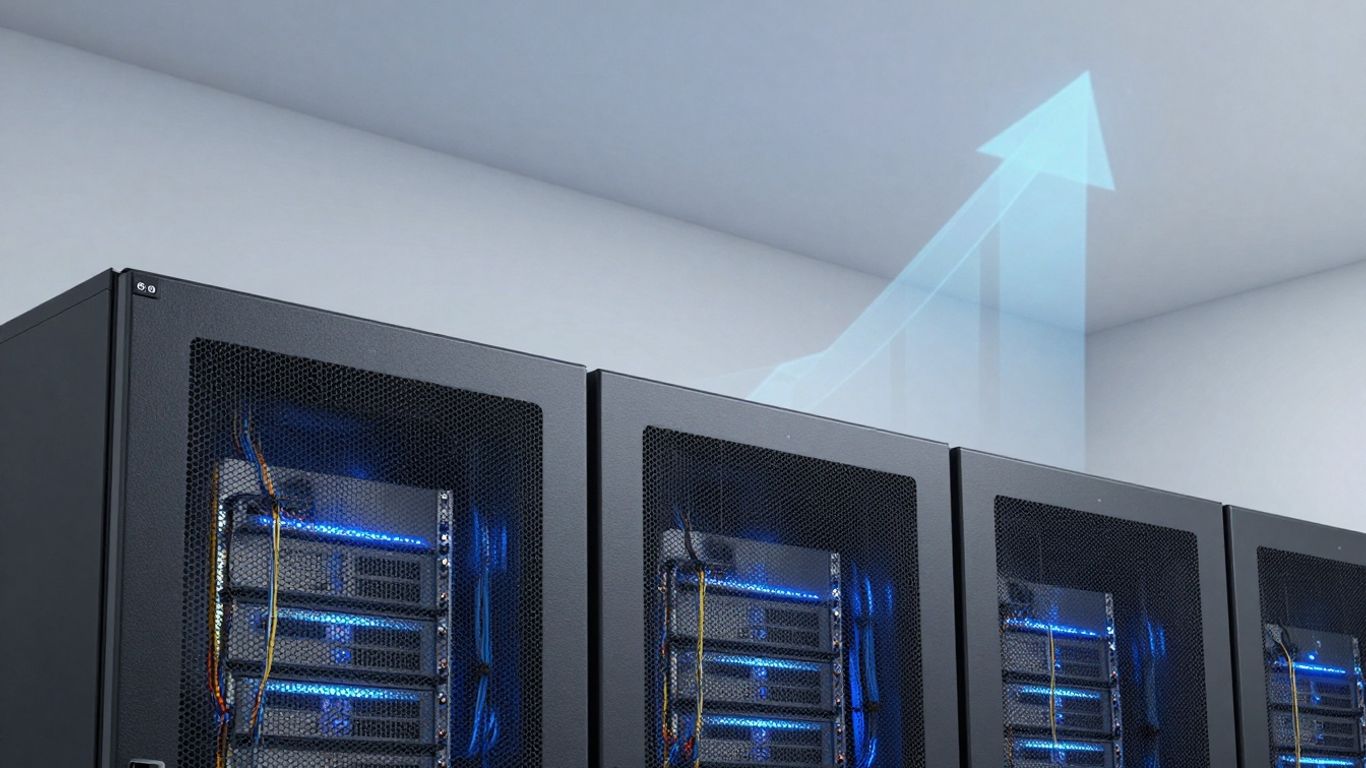 Modern server room with upward growth visualization.