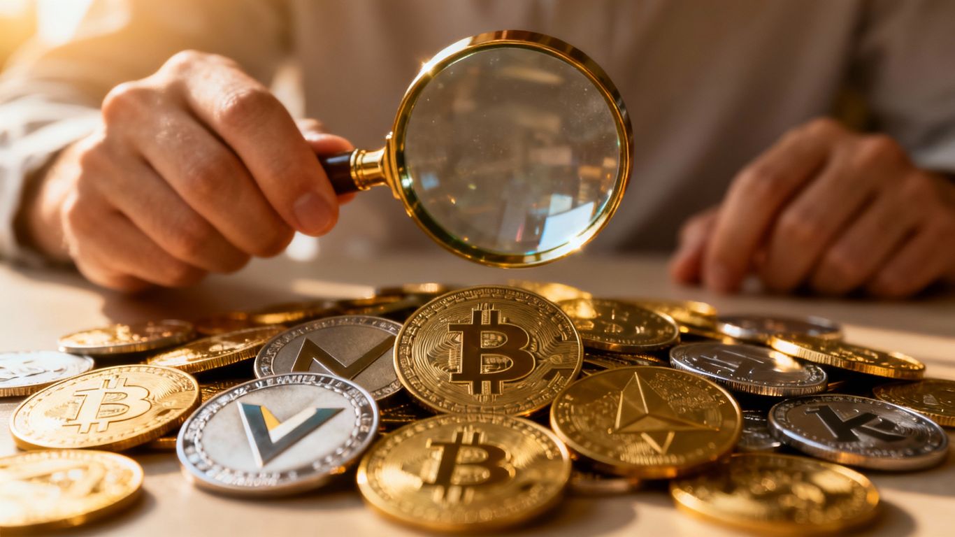 Hands examining cryptocurrency coins with a magnifying glass.