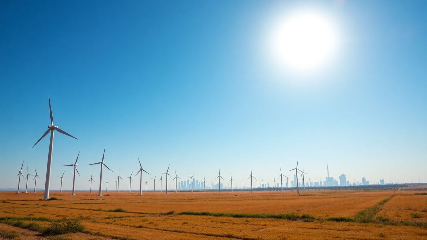 Turbine eoliene pe un câmp însorit, cu oraș în fundal.