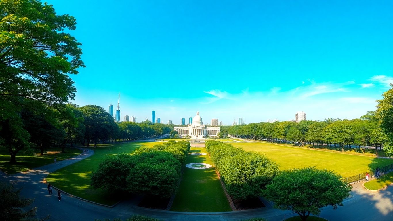 Taman hijau luas dengan bangunan modern di Senayan Park.