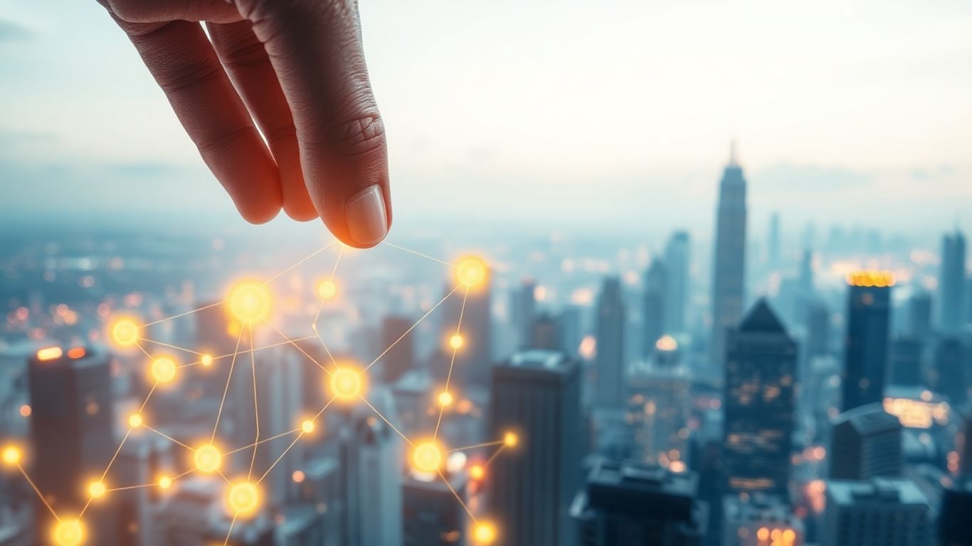 Glowing digital links forming a network on a futuristic cityscape.