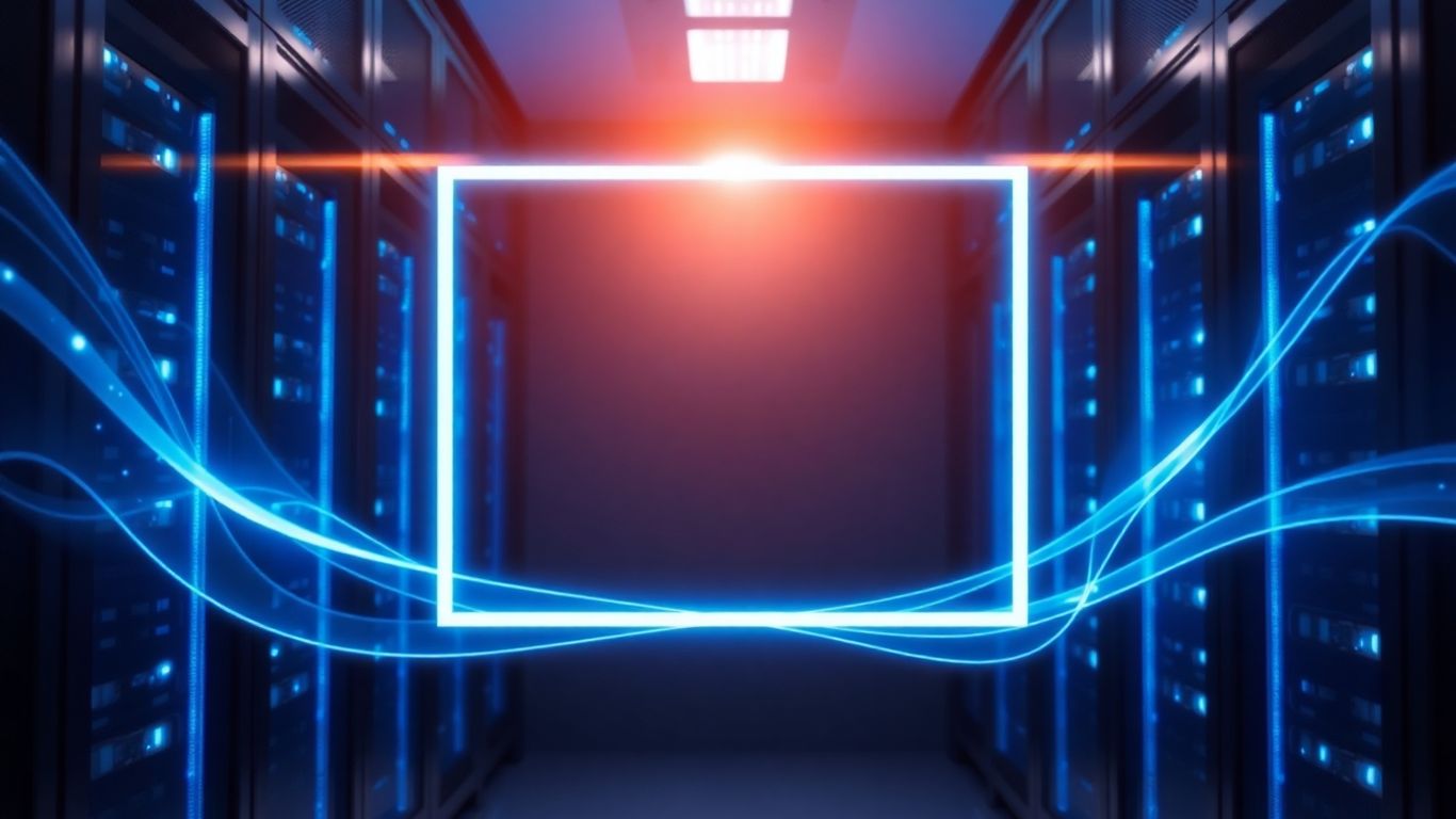 Nutanix Frame server room with digital streams and abstract frame.