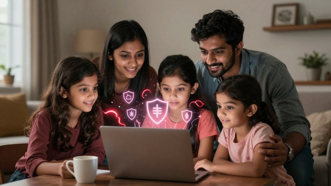 Family protected from cyber threats at home.