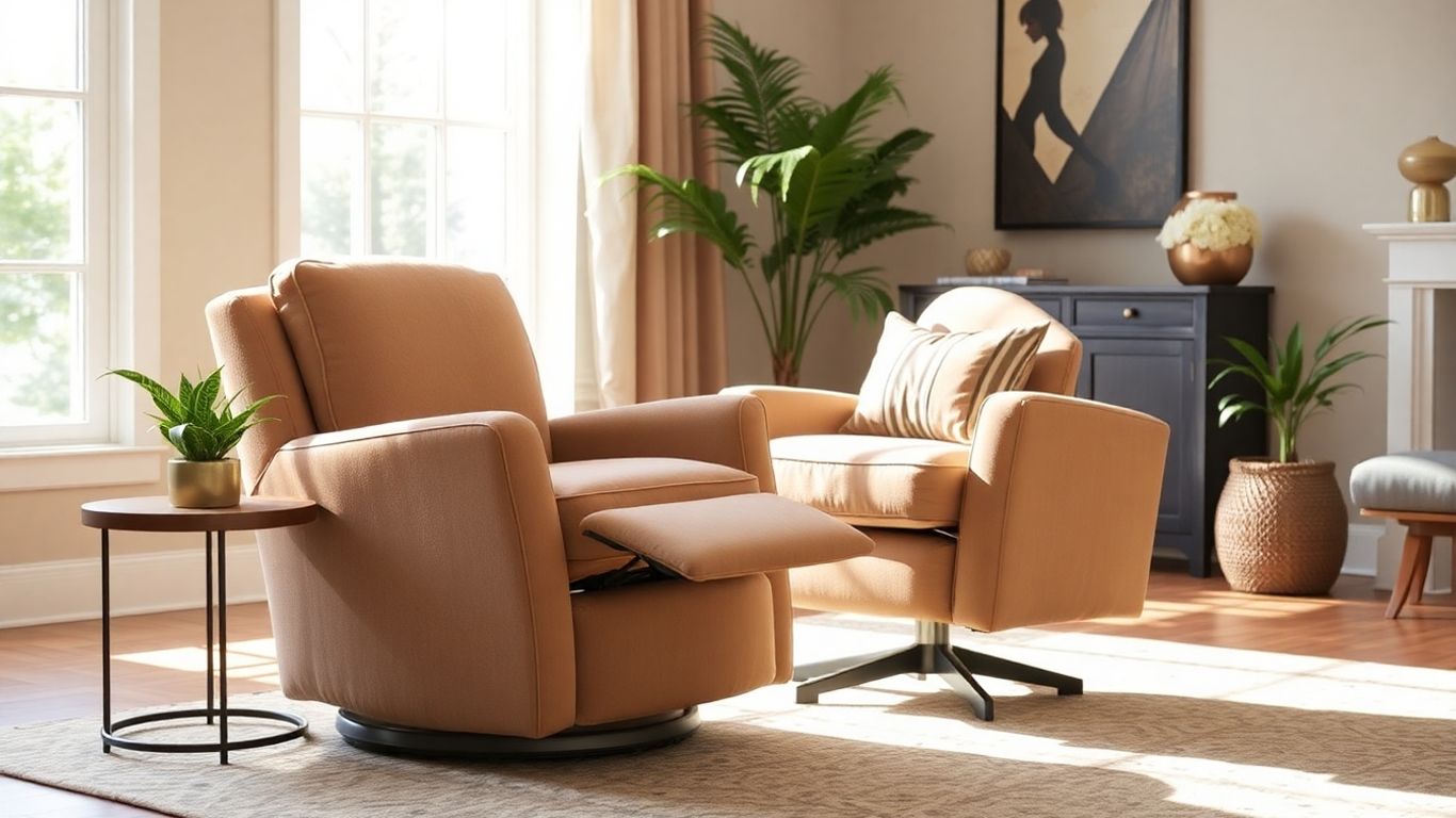 Modern swivel recliner accent chair in a living room.