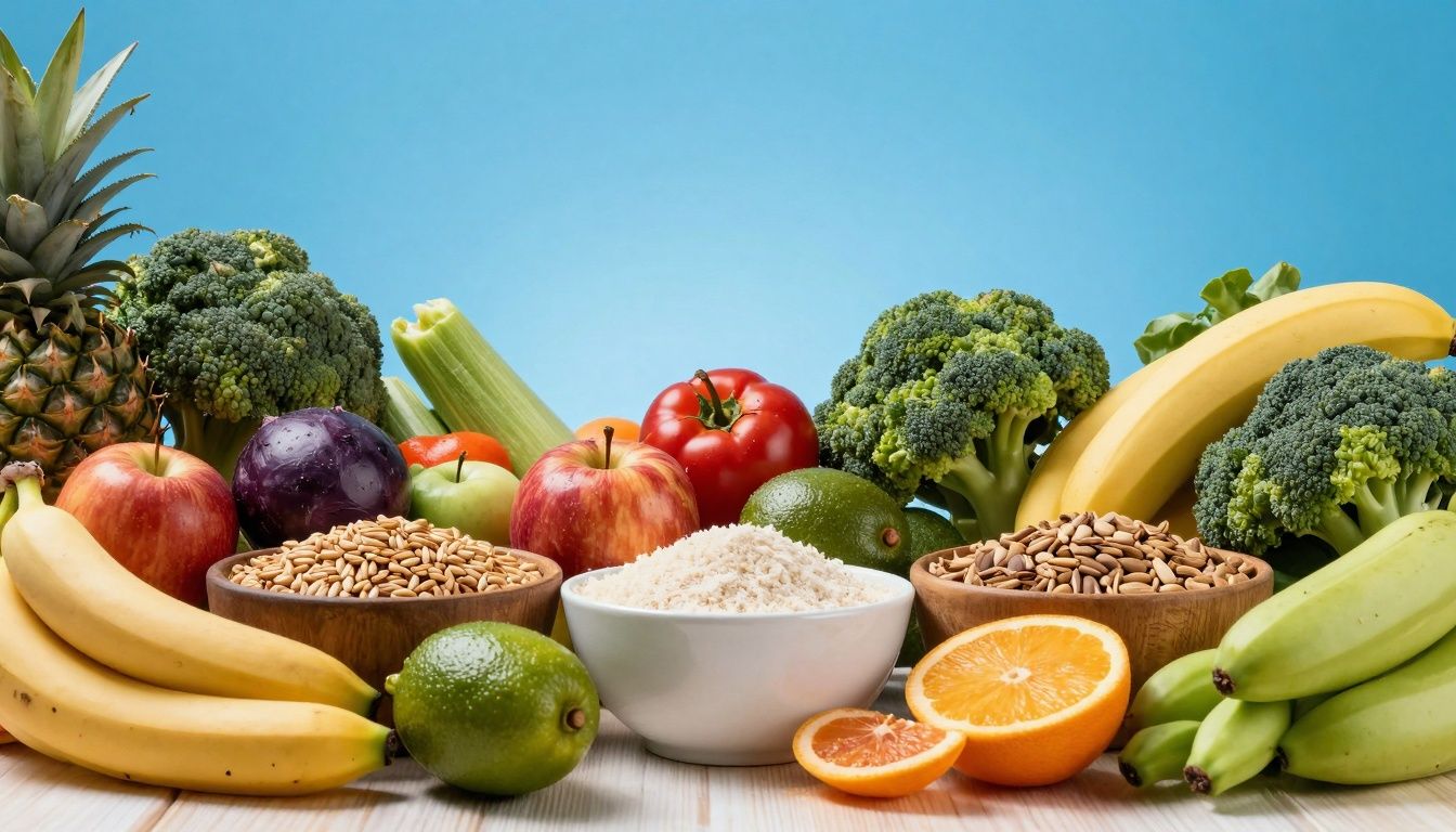 Uma abundância de frutas, vegetais frescos, grãos e legumes dispostos em uma mesa vibrante, transmitindo saúde e sustentabilidade