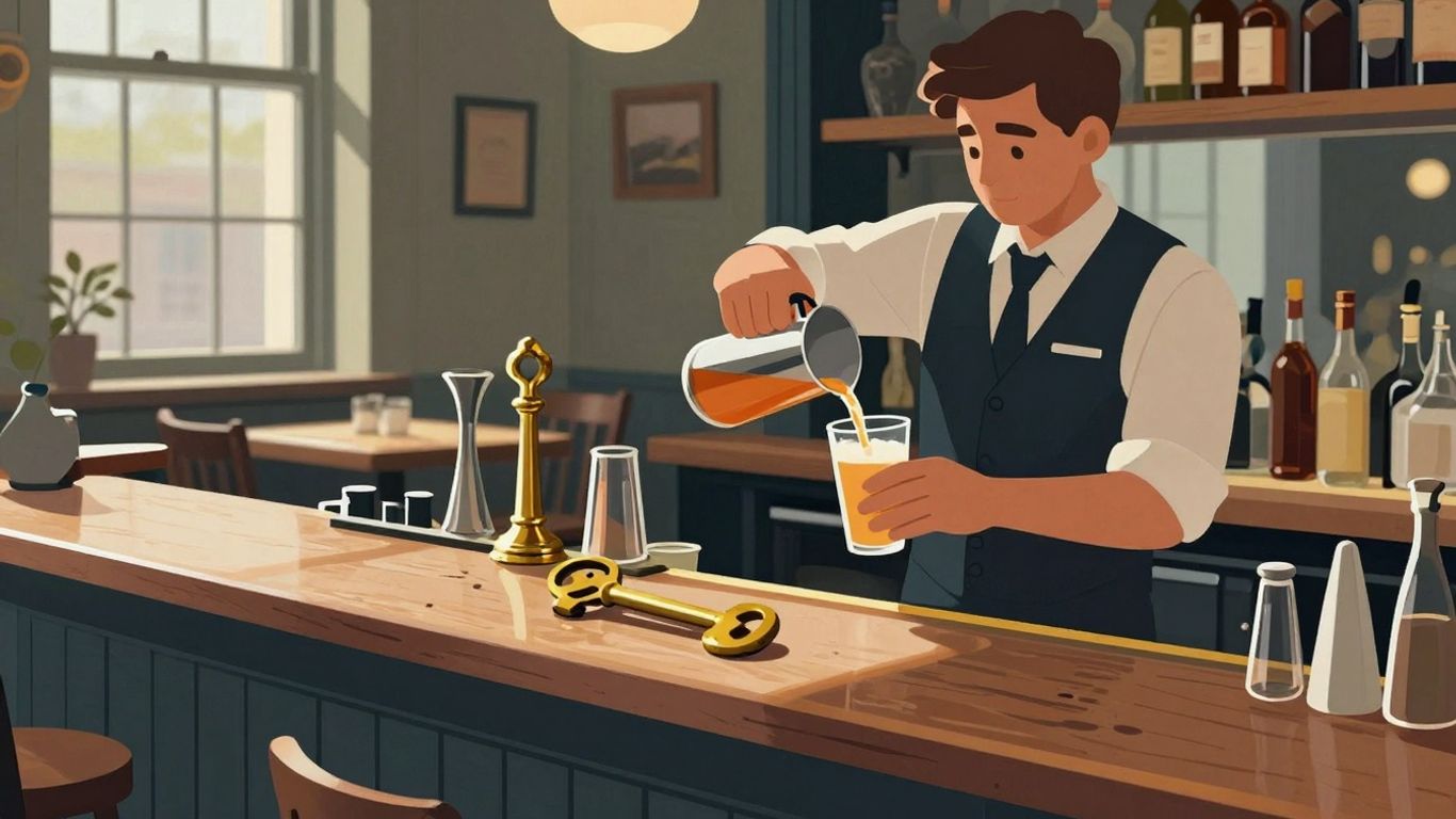 UK pub interior with a golden key on the bar.