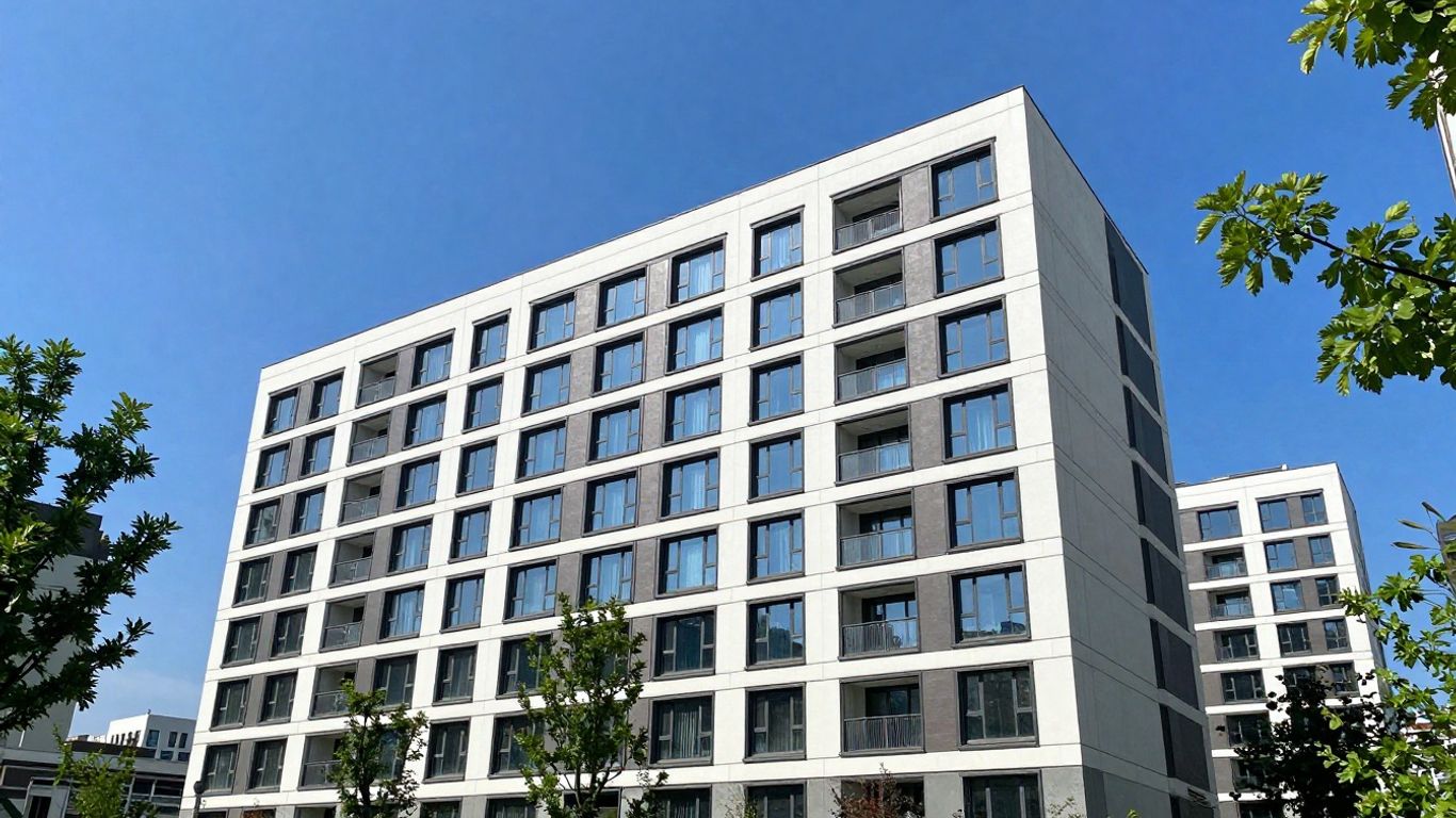 Edificio de apartamentos moderno con árboles verdes.