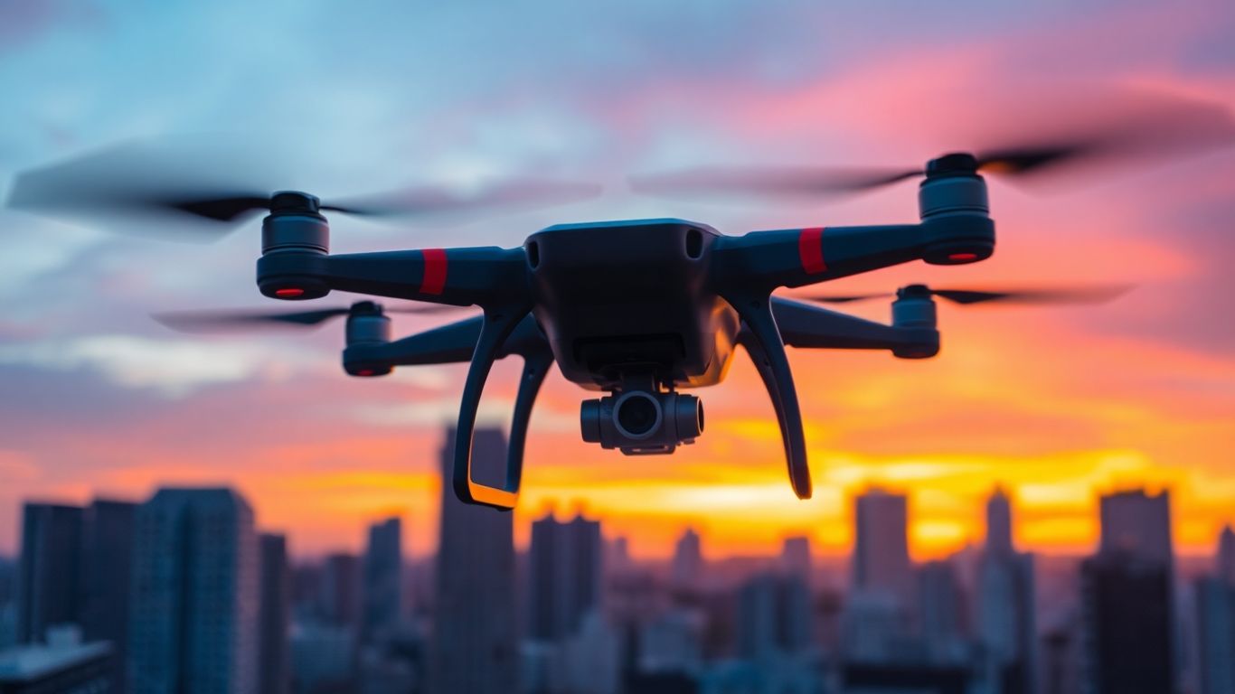 Drone flying over city at sunset