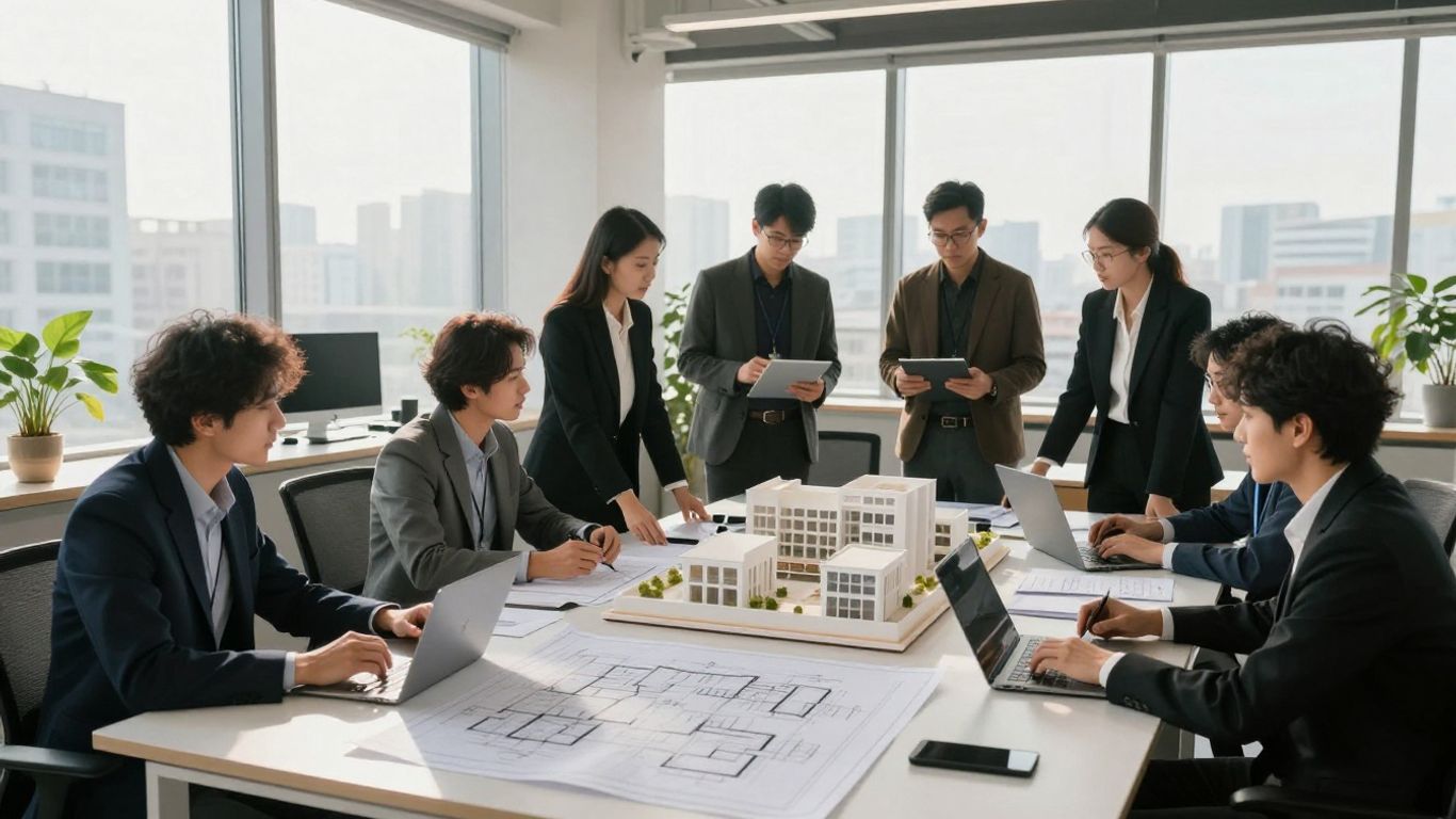 Real estate professionals collaborating in a bright office.