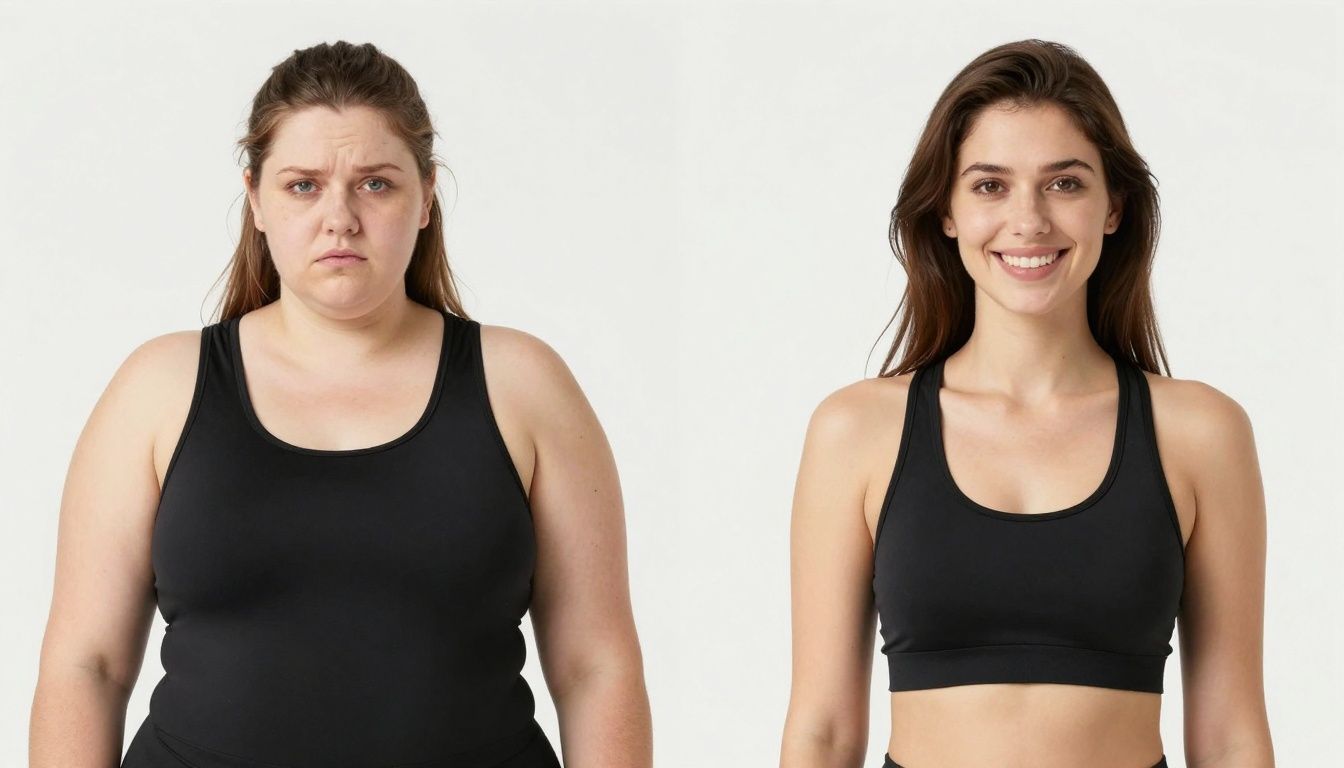 Woman's weight loss transformation before and after.