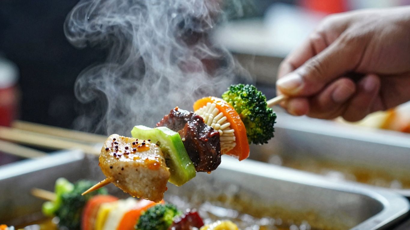 Mâncare stradală colorată și aburindă.