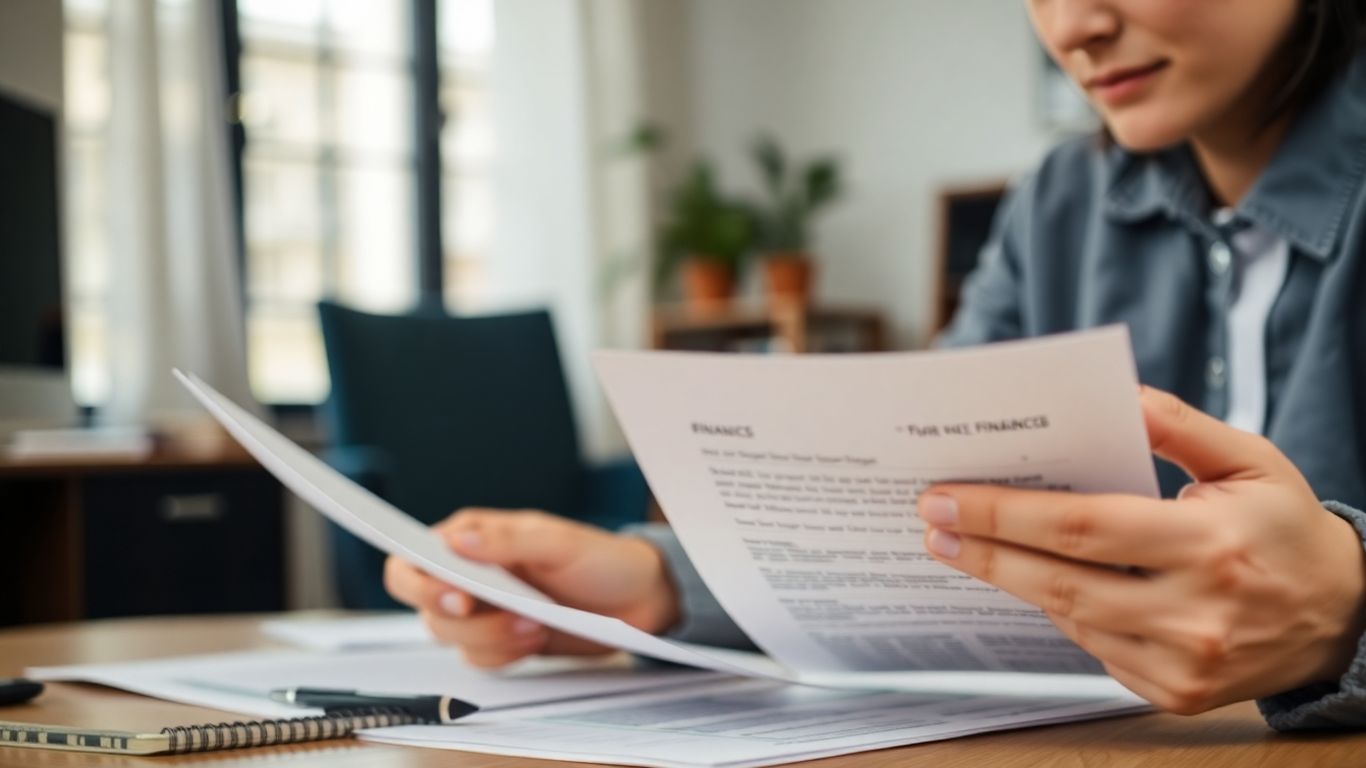 Person reviewing financial documents at a desk.