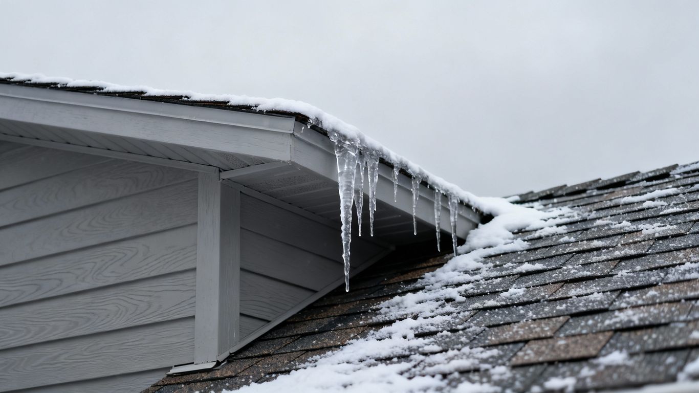 Snow-covered roof with icicles in winter.