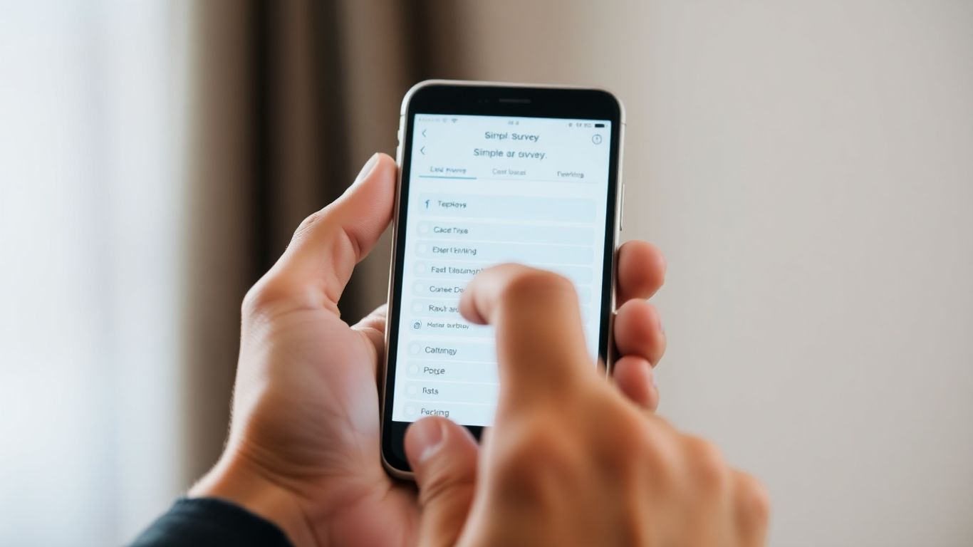 Hand holding smartphone with survey on screen