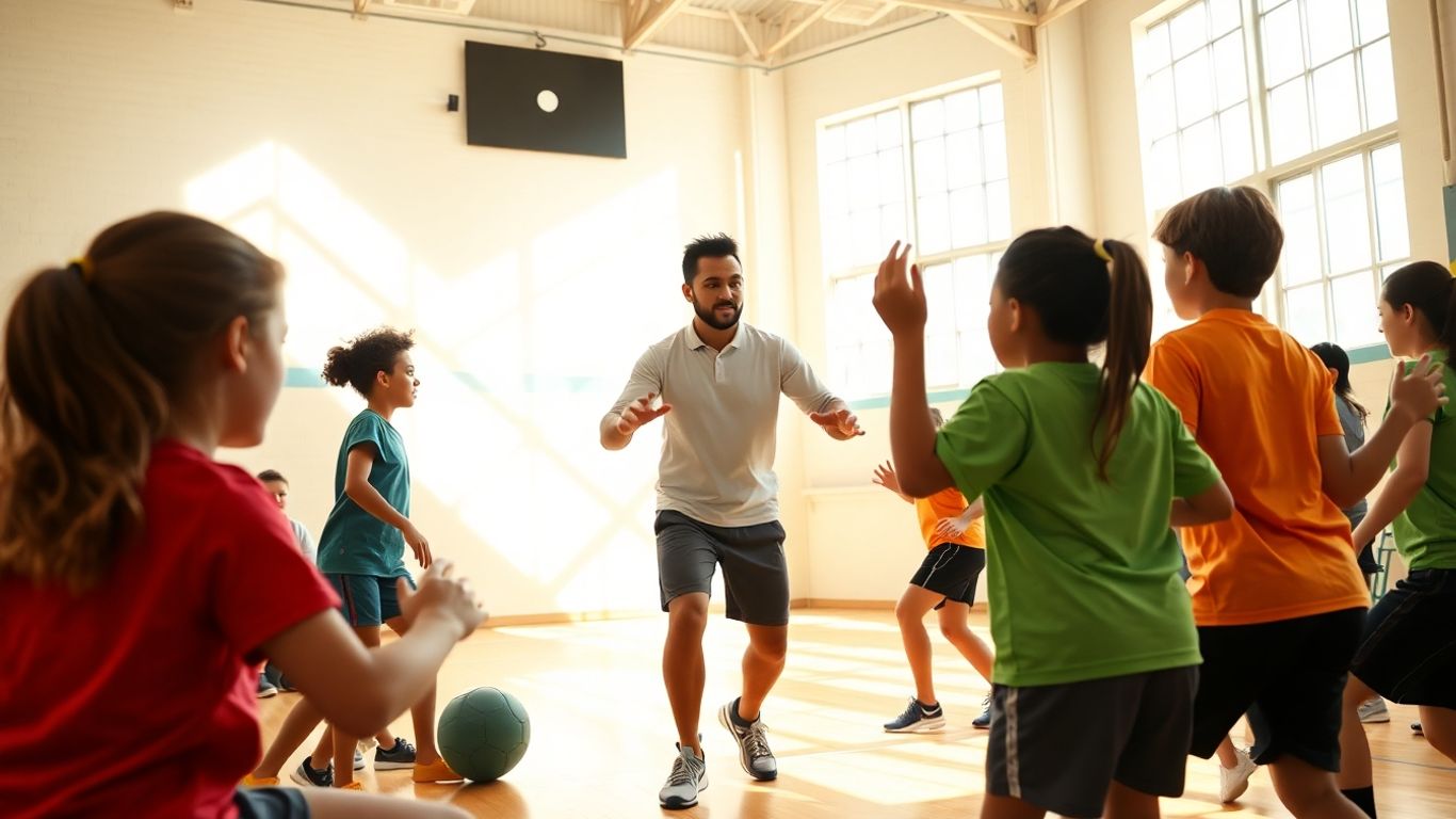 Sportlehrer leitet energische &Uuml;bungen mit Sch&uuml;lern in Turnhalle