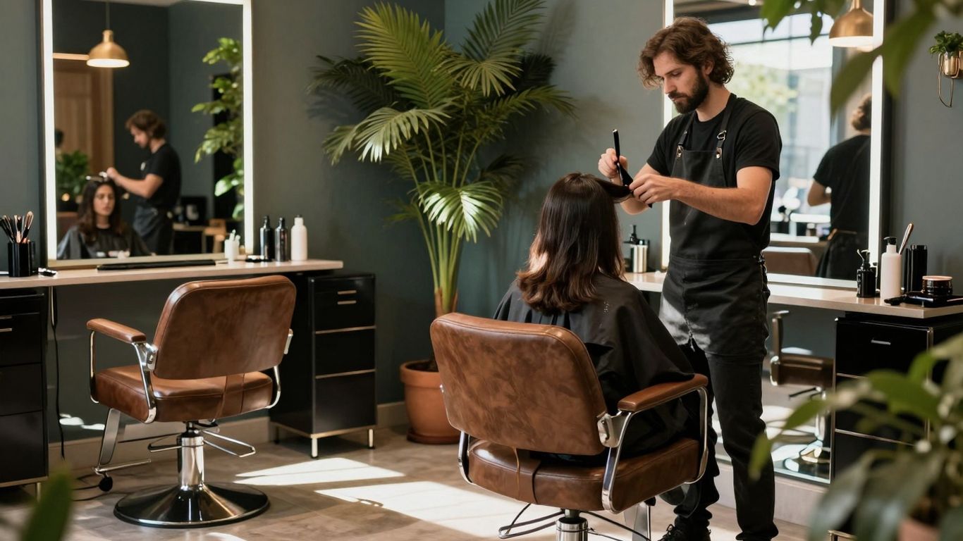 Stylish hair salon interior with stylist and client.