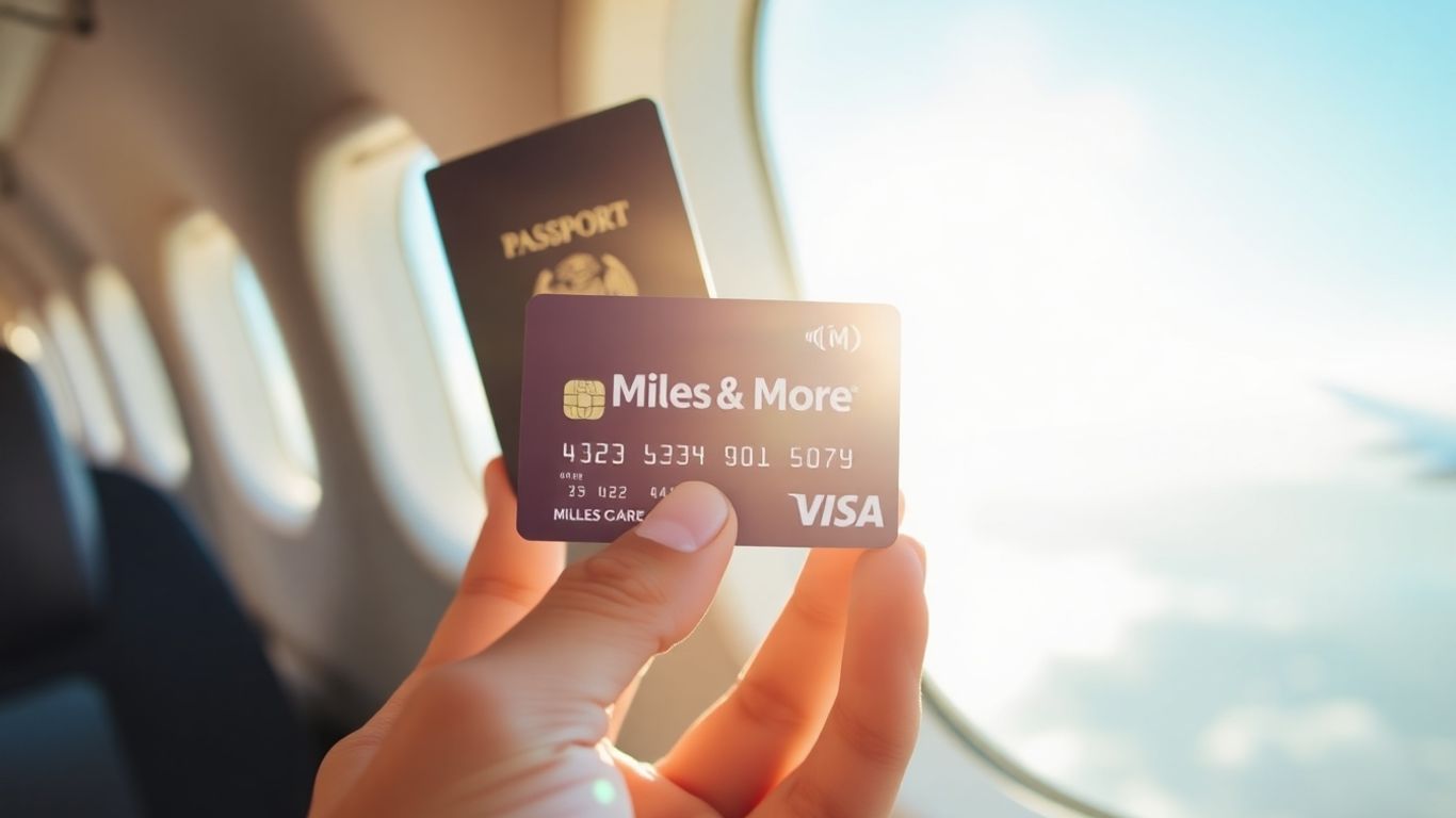 Miles & More Kreditkarte mit Reisepass und Flugzeugfenster