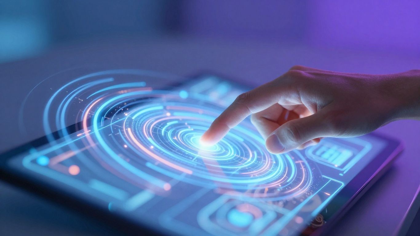 Hands interacting with a glowing digital interface.