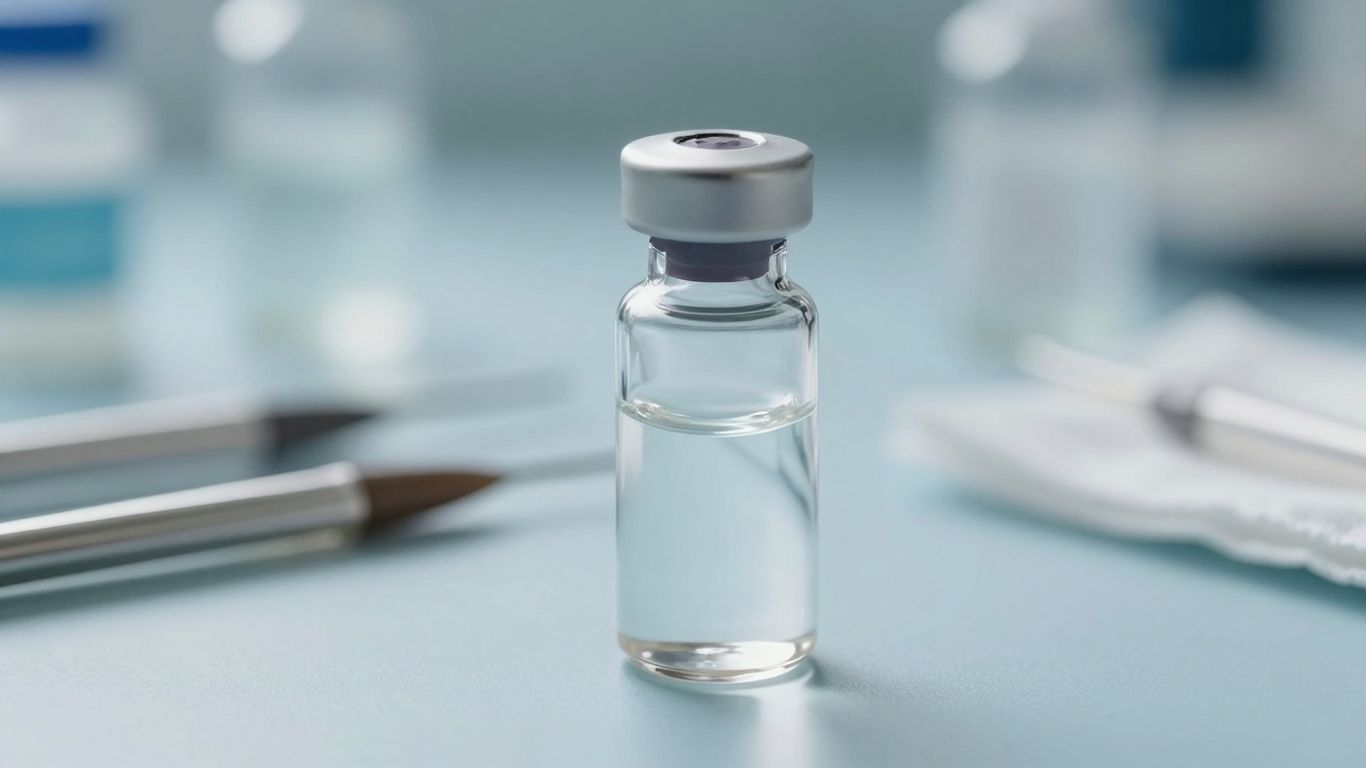 Medical vial with clear liquid and instruments.