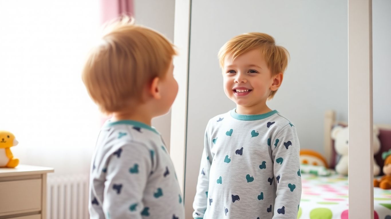 Child smiling at mirror in sunlit bedroom