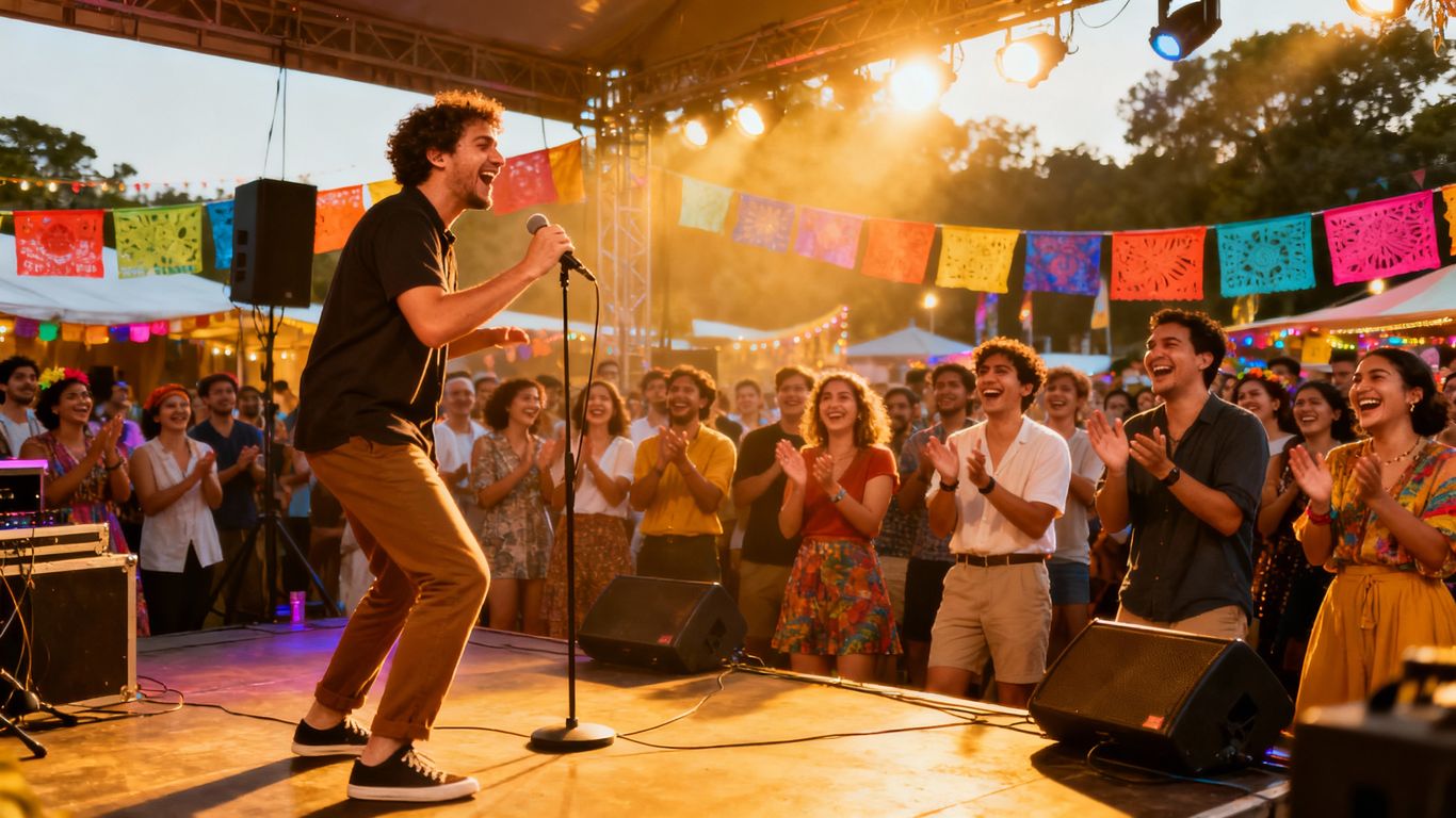 Comedy festival crowd laughing at outdoor stage performance.