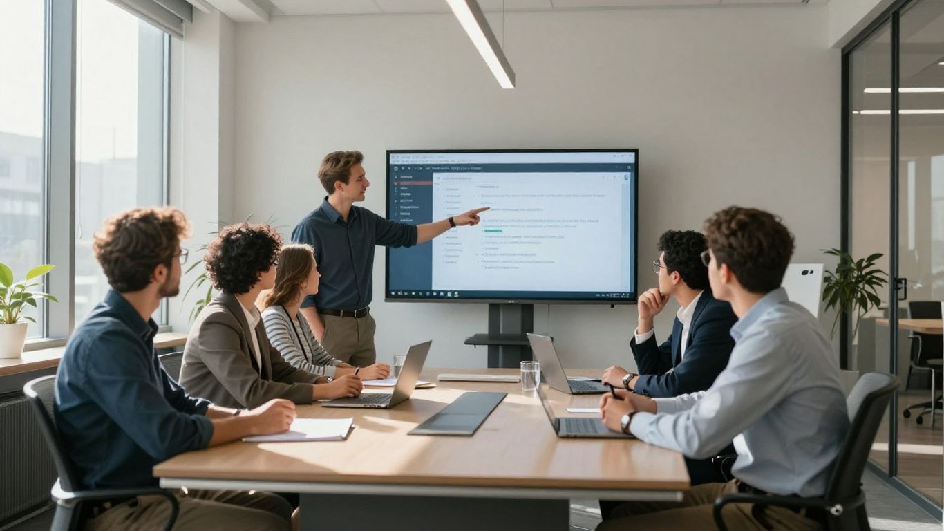 Business professionals collaborating in a modern office setting.