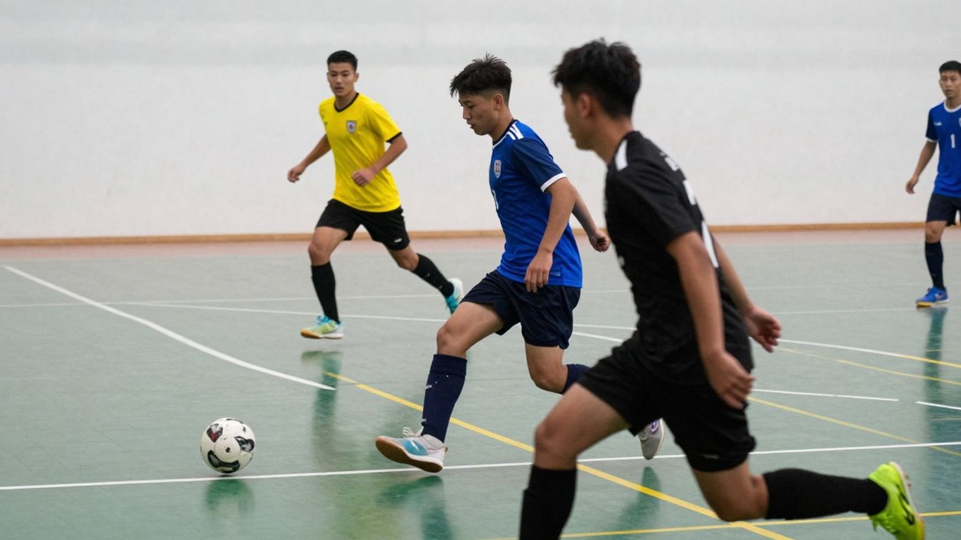 Players in action on an indoor soccer pitch.