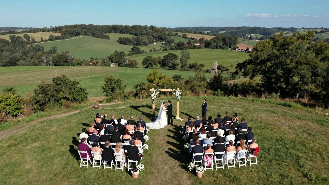 Aerial view of a wedding ceremony with guests forming a heart.