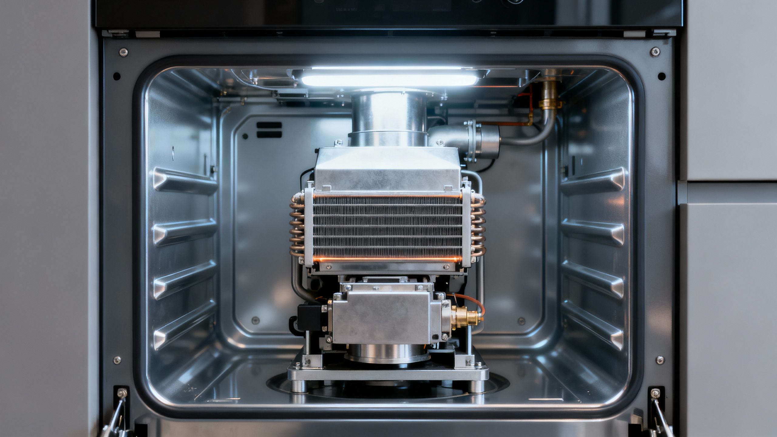Close-up of a clean furnace interior with burner assembly.