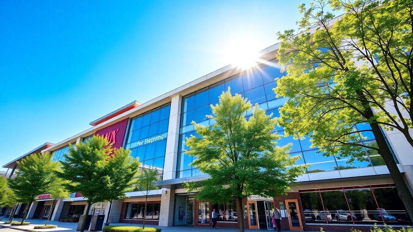Fachada de um shopping center moderno com céu azul.