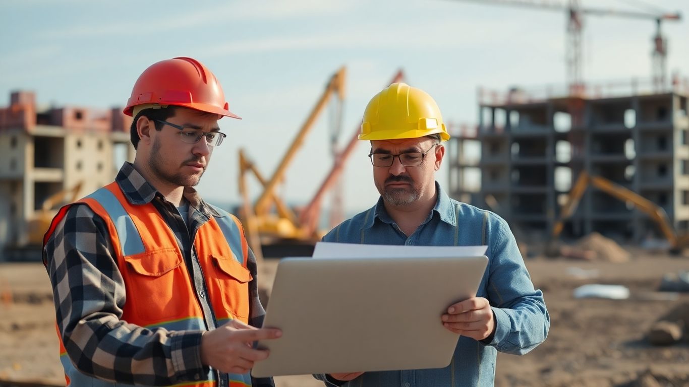 Construction workers checking laptop at building site