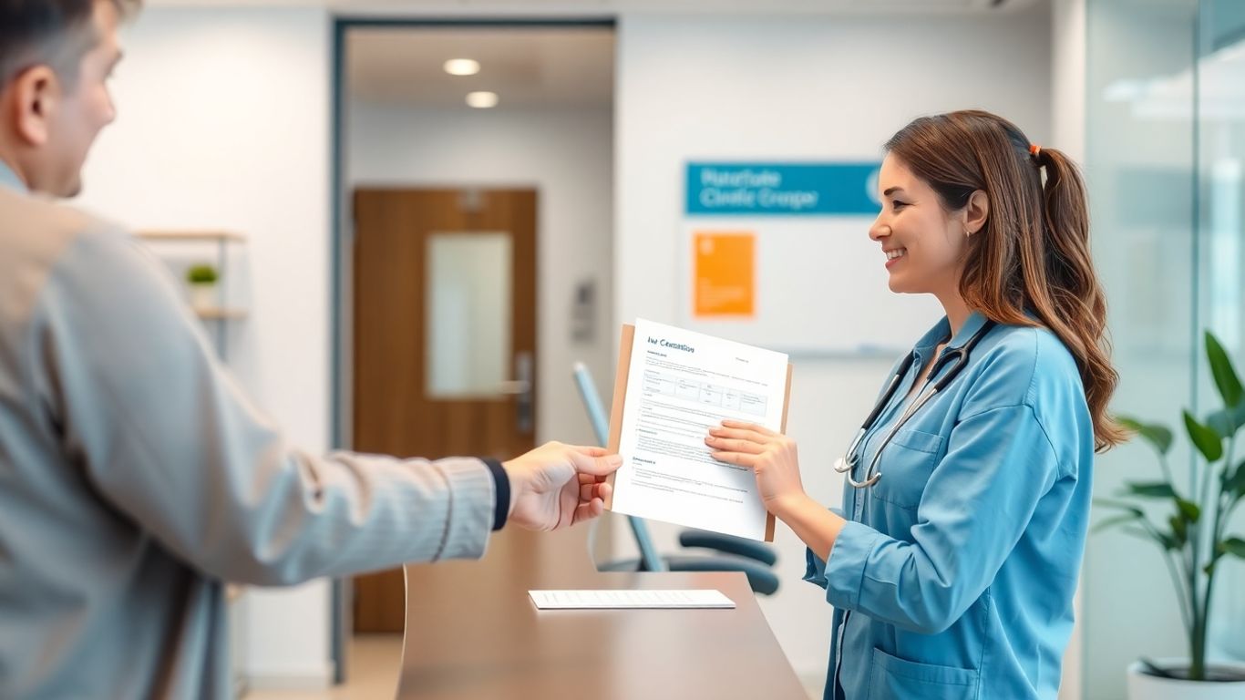 Pacient oferind documente la recepția clinicii medicale.
