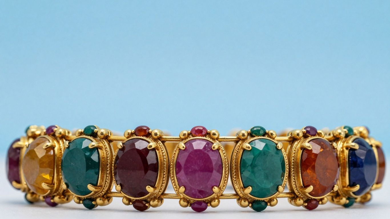 Close-up of ornate Navaratna bangles with nine colorful gemstones.