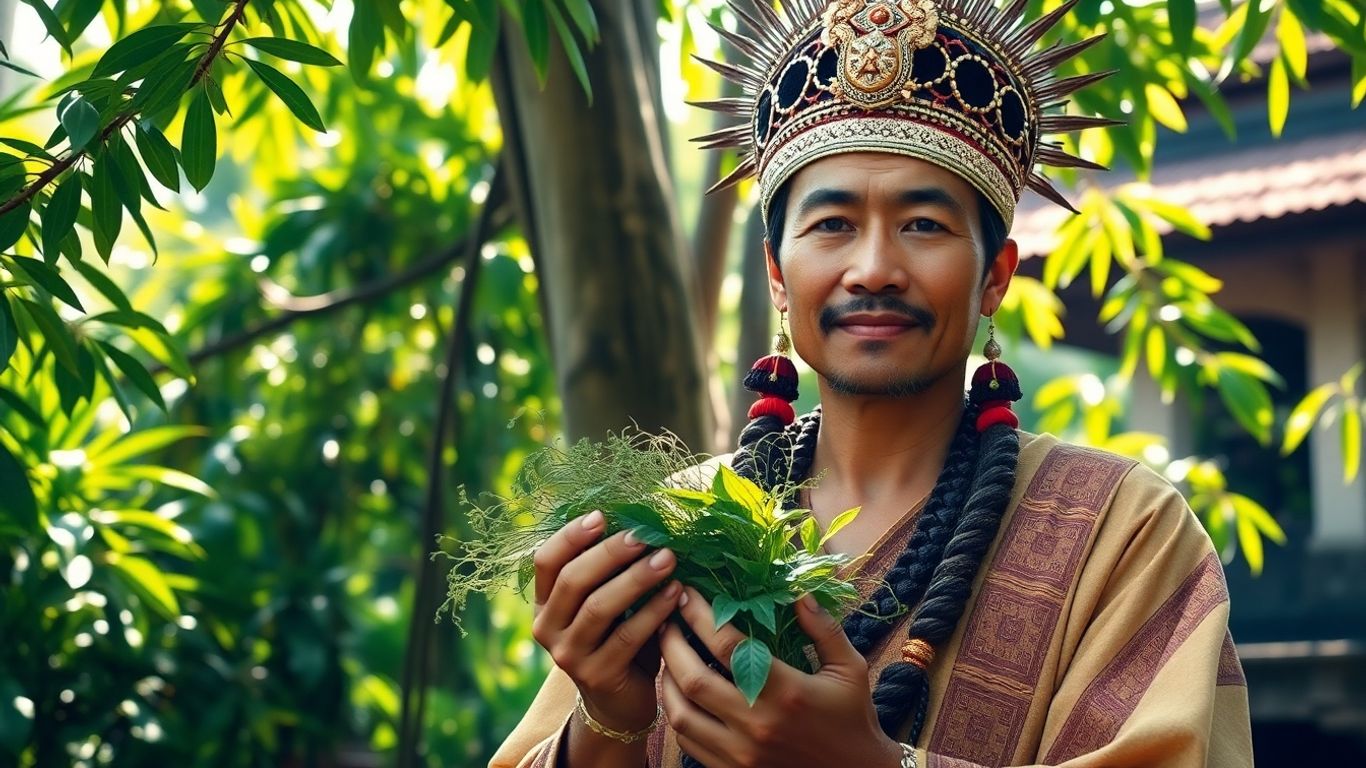 Balinese healer with sacred herbs in a lush setting.