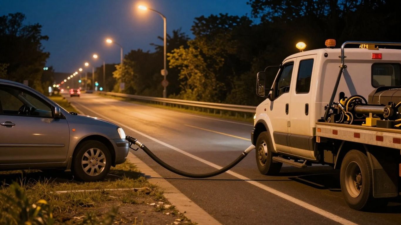 Car receiving emergency fuel delivery on highway.