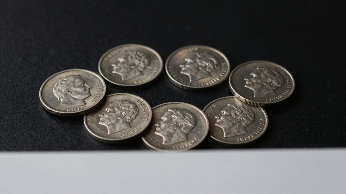 Gleaming silver coins with subtle patina on dark surface.