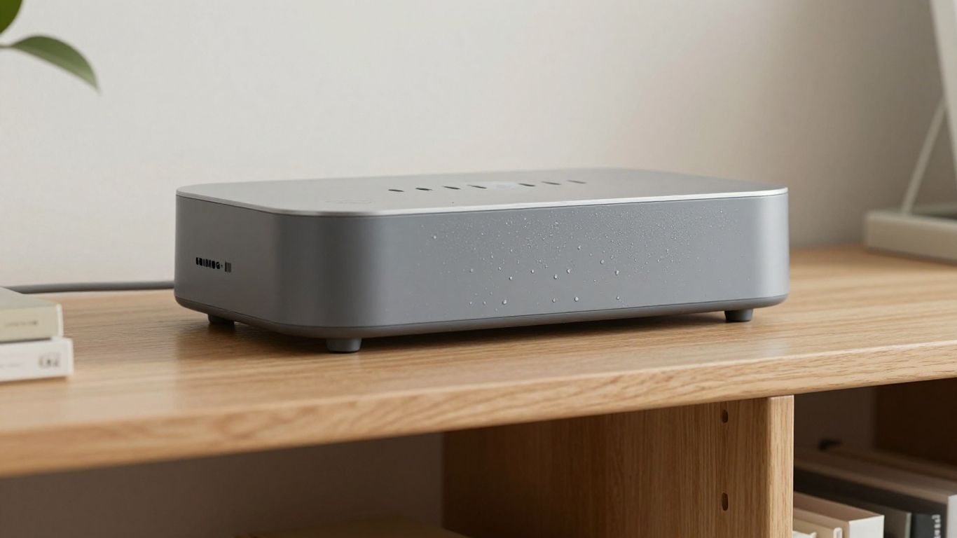 Absorbeur d'humidité sur une étagère en bois.