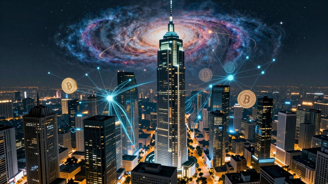 Futuristic cityscape with digital streams and galaxy motif.